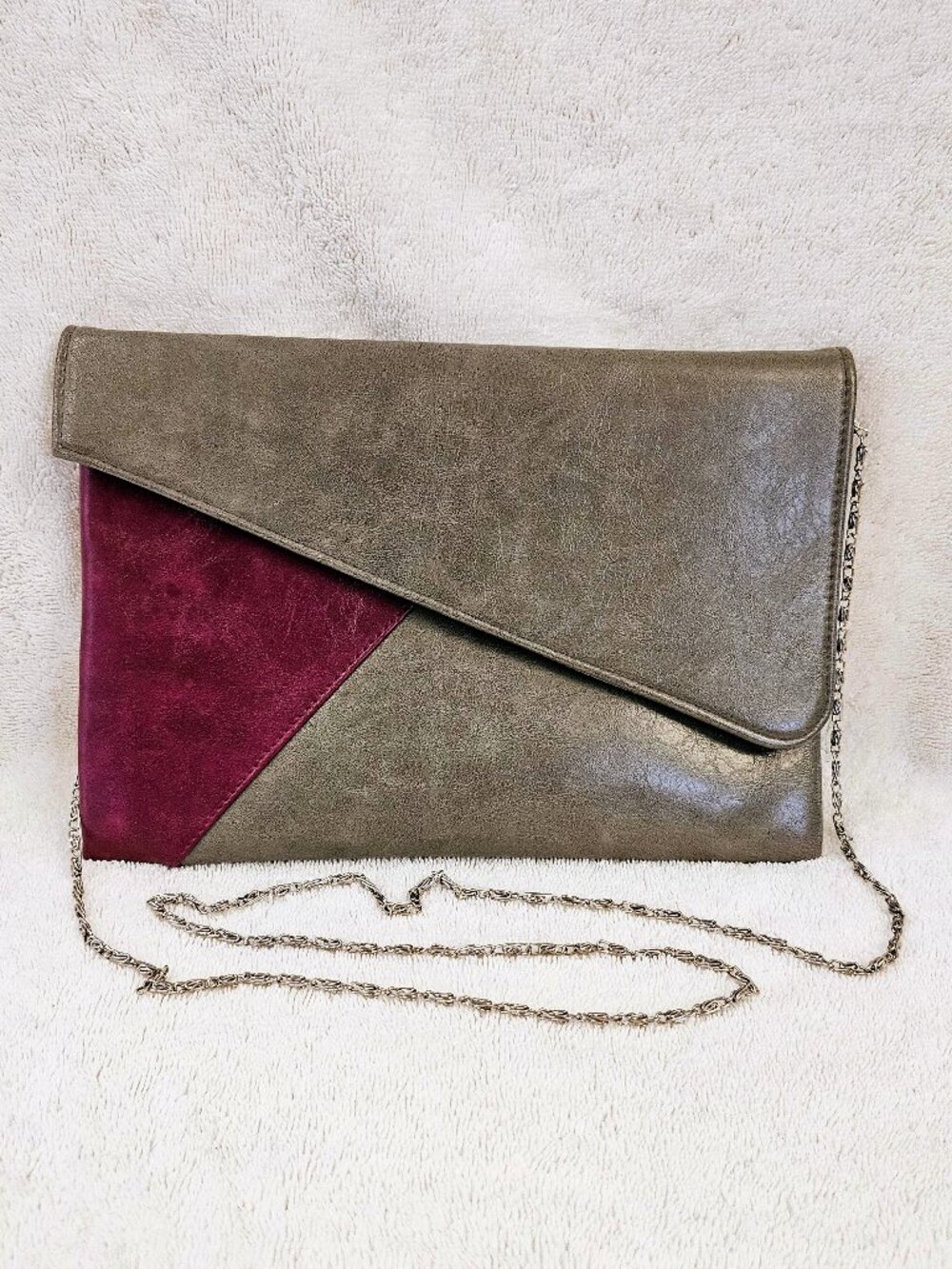 Vegan Leather Burgundy and Gray Envelope Style Clutch Crossbody